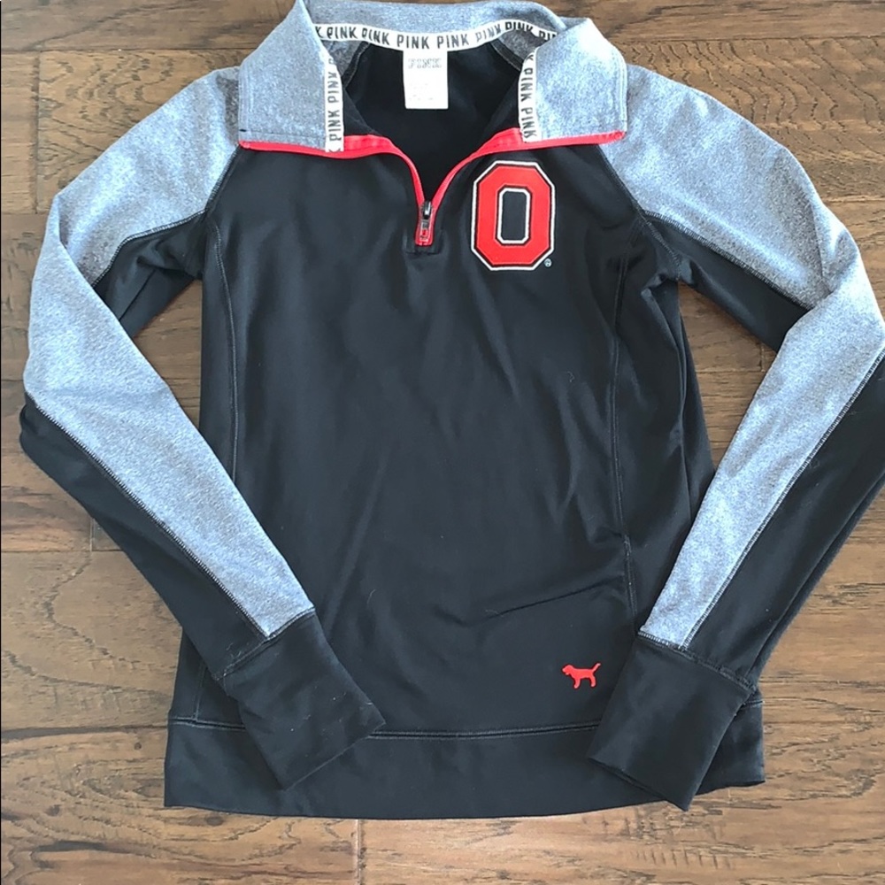 PINK Victoria's Secret Black & Gray Quarter-Zip Pullover with Red Accents